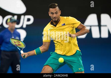 Sydney, Australien. 11 Jan, 2020. Nick Kyrgios von Australien spielt einen Schuß während der 2020 ATP-Cup Halbfinale am Ken Rosewall Arena, Sydney, Australien am 11. Januar 2020. Foto von Peter Dovgan. Credit: UK Sport Pics Ltd/Alamy leben Nachrichten Stockfoto