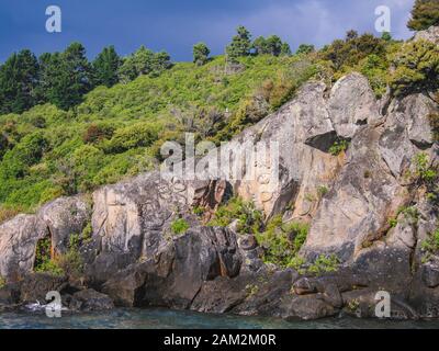 Mine Bay Maori Rock Schnitzereien in Taupo, North Island, Neuseeland Stockfoto