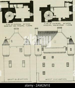 Die kronenmutter und inländischen Architektur von Schottland, vom zwölften bis zum achtzehnten Jahrhundert. Norden ELEVATION. Fio. 1416.- Kilbvyde Schloss. Ansichten und Pläne der Entresols. Vierter Zeitraum 304 KILCONQUHAR schloss die äußere Tür in den Osten Keller führende ist vermutlich eine Änderung. Die Küche war am West End und seinen großen gewölbten Kamin wascuriously gespreizt in die Wand auf einer Seite. Entlang der Rückseite des thefireplace war ein Stein Sitz. Im ersten Stock sind drei große Zimmer - nämlich, die Halle in der Mitte, über ein eigenes Zimmer, und ein Esszimmer, eine separate Eingang hatten, Stockfoto