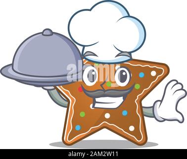 Cartoon-Design des Lebkuchenstars als Koch, der Essen auf dem Tablett hat Stock Vektor