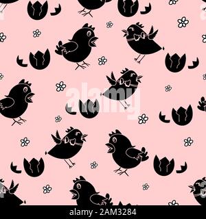 Nahtlose Muster mit schwarzer Silhouette chick's, Blumen auf rosa Hintergrund isoliert. Schriftzug Frohe Ostern. Einfaches Drucken. Vektor doodle Abbildung. Stock Vektor