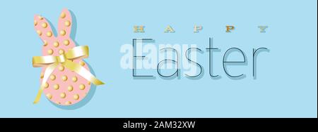 Ostern Banner. Horizontale, Plakat, Postkarte, website Header, Hintergrund mit Text frohe Ostern. Bunny Hase mit einem Bogen von einem goldenen Band auf einem blauen b Stock Vektor