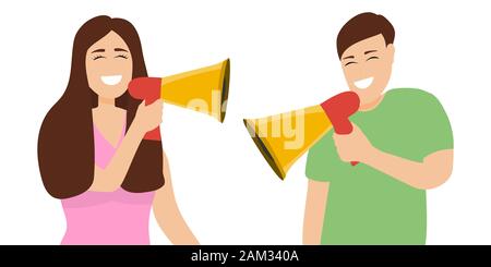 Der Mann und die Frau schreiend in Lautsprecher Sound isoliert auf weißem Stock Vektor