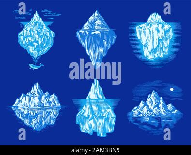 Eisberg im Ozean. Ein großes Stück der Gebirgsgletscher floating im Norden Wasser. Graviert Hand gezeichnet vintage Skizze für Emblem, web Logo Stock Vektor