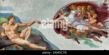 Die ENTSTEHUNG VON ADAM-Freskomalerei in der Sixtinischen Kapelle, Rom, von Michaelangelo Stockfoto