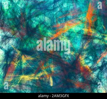 Hintergrund der digitalen Malerei. Dynamische Farbflecken in orange und blau. Futuristisches Muster. Abstrakte Skizze Stockfoto