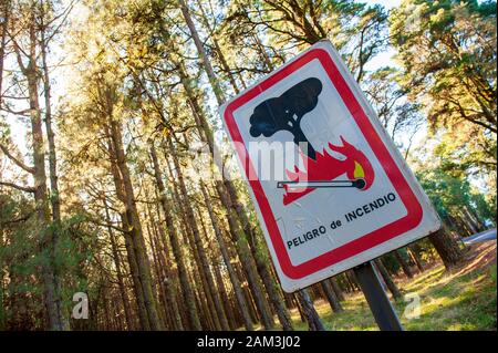 Warnschild in der spanischen Sprache für Buschfeuer auf der Kanarischen Insel Teneriffa. Stockfoto