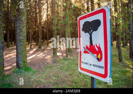 Warnschild in der spanischen Sprache für Buschfeuer auf der Kanarischen Insel Teneriffa. Stockfoto