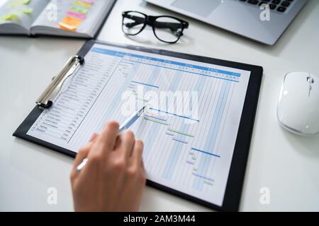 Nahaufnahme einer Geschäftsfrau mit Stift Arbeiten auf Gantt-diagramm Stockfoto