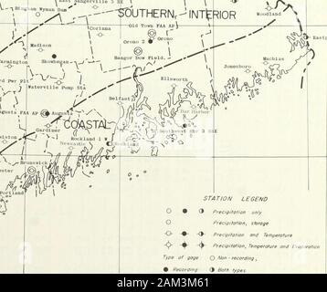 Klimatologische Daten, New England. 45°^y^ - Napoli. ALBERS FLÄCHENTREUE PROJECTIONSTANDARD PARALLELS BEI 29 y^UND 45 Ig1 1  STATION LEGENDE • 3 Niederschlag nur Niederschlag, Storage^ (J Niederschlag und Temperatur Y TT Niederschlag, Temperatur und Verdunstung Art der Gage O l ^ auf - Aufnahme, Aufzeichnung (^ beide Arten doppelten Kreis Kombinationen ttte Verfügbarkeit von moredetailed meteorologische Daten 70 69° gooUSCOMM - ESSA-Ashevllle, N.C. angeben , " 12-68°C V"-11f überarbeitet! Stockfoto