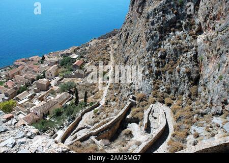 Der Blick von der Burg monemvasia Stockfoto