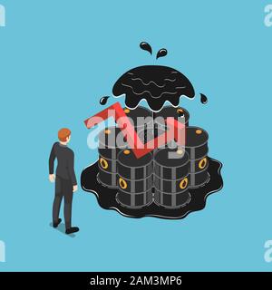 Wohnung 3 d isometrische Geschäftsmann stand vor der Barrel Öl mit steigender roter Pfeil. Ölpreisanstieg und Geschäftsidee. Stock Vektor