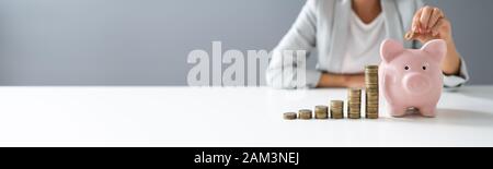 Person's Hand einfügen Münze in das Sparschwein mit zunehmender Münzen Stapel auf dem Schreibtisch Stockfoto