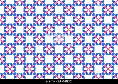 Abbildung: Nahtloses Design mit geometrischem Muster. Hintergrundtextur. Verwendete Farbverläufe in Blau-, Rosa- und Violettfarben auf weißem Hintergrund. Stockfoto