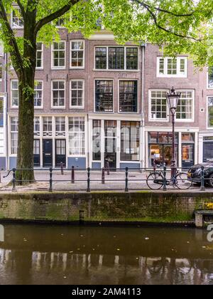 Typische holländische Architektur am Ufer von einem Kanal im Zentrum von Amsterdam an einem frischen, herbstlichen Tag von einer Buche eingerahmt. Stockfoto