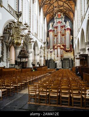 Kathedrale St. Bavo Interieur. Die Orgel und das Schiff der Grote Kerk (Große Kirche) in Haarlem, Niederlande. Stockfoto