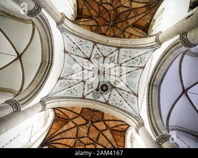 Kathedrale St. Bavo Interieur. Die reich verzierte Decke der Grote Kerk (Große Kirche) in Haarlem, Niederlande. Stockfoto