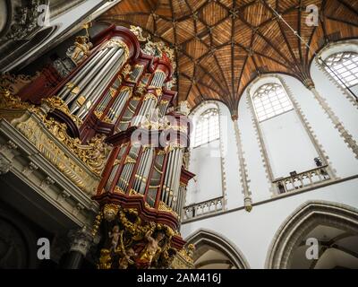 Kathedrale St. Bavo Interieur. Low Angle Blick auf die Orgel der Grote Kerk (Große Kirche) in Haarlem, Niederlande. Stockfoto