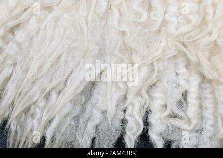 Hintergrund aus weißem Naturwollmaterial mit Strukturmuster Stockfoto