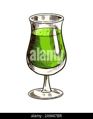 Matcha Grüntee. Organische latte Kaffee in einem Glas für Japanische Zeremonie. Gesunde Kokosmilch latte. Graviert Hand gezeichnet Vintage Skizze für Poster. Stock Vektor