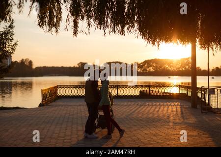 Rückansicht junger, liebevoller Paar-Silhouetten, die die Hände halten. Eltern mit Kinderwagen im Herbstpark bei Sonnenuntergang. Liebe, Elternschaft, Familie, Saison und Stockfoto