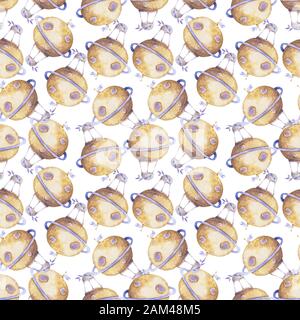 Nahtloses Wasserfarbenmuster mit Luftballon und Wolken. Handgezeichnete Vintage Collage Illustration mit Heißluftballon Watercolor niedliche Cartoon-Clip-Kunst Stockfoto