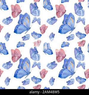 Wunderbares Aquarell farbenfrohe Rosa- und Blauschmetterlinge im weißen Hintergrund. Malabbildung. Fliege Schmetterling. Niedliche Cartoon-Clip-Kunst Stockfoto