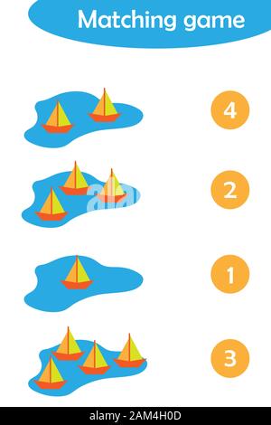 Spiel Math mit Papier Boote in einer Pfütze für Kinder, einfache, Bildung Spiel für Kinder, Vorschule Arbeitsblatt Aktivität, Aufgabe für die Entwicklung der Stock Vektor