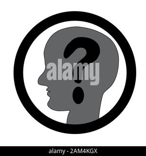 Menschlichen Kopf Profil Silhouette und Fragezeichen auf weißem Hintergrund. Zweifel Konzept, Entscheidungsfindung. Gesichtserkennung, Identifikation. Vektor Stock Vektor