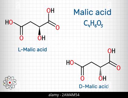 Apfelsäure, stereoisomerischen Formen D- und L-Äpfelsäure Molekül. Skelettmuskulatur chemische Formel. Blatt Papier in einem Käfig. Vector Illustration Stock Vektor