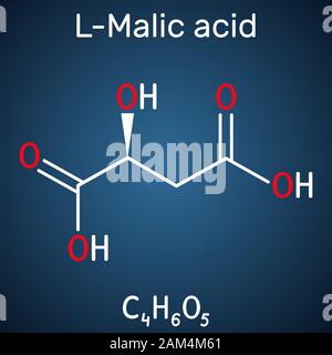 Apfelsäure C4H6O5-Molekül, ist Dicarbonsäure. Strukturelle chemische Formel auf dem dunkelblauen Hintergrund. Vector Illustration Stock Vektor
