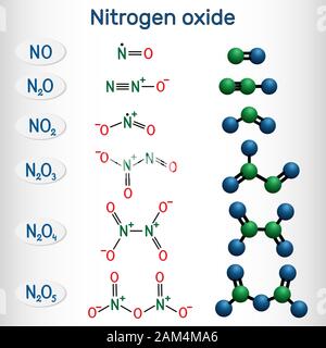 Chemische Formeln und Molekül Modell der Stickoxide: Stickstoffmonoxid, Stickstoffdioxid NO2, Lachgas N2O, distickstofftetroxid Schwefeltrioxid N2O3, distickstofftetroxid Stock Vektor