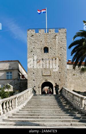 Das Land Tor zur Altstadt Korcula, dem Geburtsort von Marco Polo, Kroatien Stockfoto