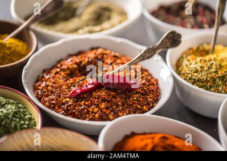 Gemahlene Chili und verschiedene Gewürze und Kräuter in Schüsseln Stockfoto