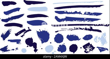 Vektorblaue Malpinselstriche und Farb-Blob-Splatter-Elemente. Geeignet für Ihre Grafikdesign-Projekte. Stock Vektor