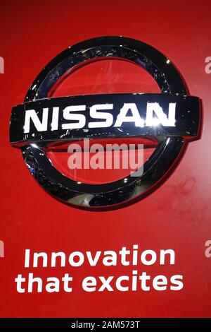 Chiba, Japan. 11 Jan, 2020. Ein Nissan Logo ist während der Tokyo Auto Salon 2020 in Makuhari Messe International Convention Complex gesehen. Tokyo Auto Salon ist ein Automobil Ausstellung, präsentieren ihre neuesten technologischen Lösungen und Produkte für die Autos. Die Messe läuft vom 10. Januar bis 12. Credit: Rodrigo Reyes Marin/ZUMA Draht/Alamy leben Nachrichten Stockfoto