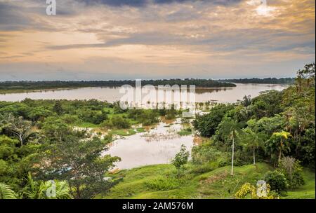 Sonnenuntergang am Fluss Javari, den Nebenfluss des Amazonas, Amazonien. Selva an der Grenze von Brasilien und Peru. Südamerika. Stockfoto