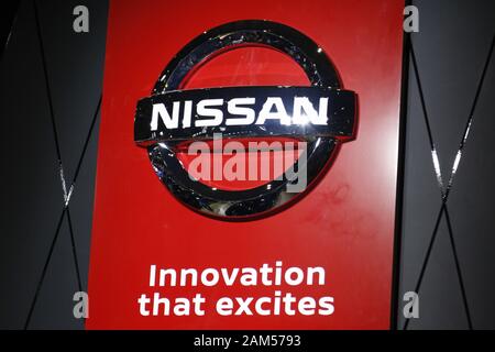Chiba, Japan. 11 Jan, 2020. Ein Nissan Logo ist während der Tokyo Auto Salon 2020 in Makuhari Messe International Convention Complex gesehen. Tokyo Auto Salon ist ein Automobil Ausstellung, präsentieren ihre neuesten technologischen Lösungen und Produkte für die Autos. Die Messe läuft vom 10. Januar bis 12. Credit: Rodrigo Reyes Marin/ZUMA Draht/Alamy leben Nachrichten Stockfoto