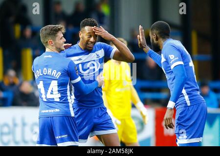 Dover, Großbritannien. 11 Jan, 2020. Nicke Kabamba feiert zählen während der Vanarama nationalen Liga Match zwischen Dover athletischen und Hartlepool United am Crabble athletische Boden, Dover am Samstag, den 11. Januar 2020. (Credit: Matt Bristow | MI Nachrichten) Credit: MI Nachrichten & Sport/Alamy leben Nachrichten Stockfoto