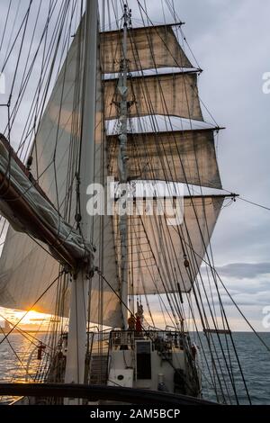 Sonnenüberschwemmte Segel eines großen segelschiffs Stockfoto