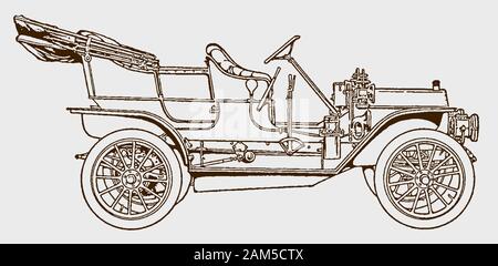 Klassische 4-Passagier Tourenwagen in der Seitenansicht. Abbildung: Nach einem Stich aus dem frühen 20. Jahrhundert Stock Vektor
