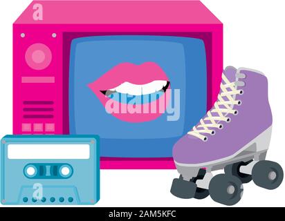 Fernseher der neunziger Jahre mit Rollenketten und Kassette Stock Vektor