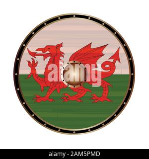 Ein Wikinger Stil runder Schild mit der Walisischen Red Dragon Farbe der Flagge Design auf weißem Hintergrund Stock Vektor