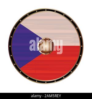 Ein Wikinger Stil runder Schild mit der Tschechischen Republik Flagge Farbe auf weißem Hintergrund Stock Vektor