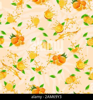 Orange Frucht nahtlose Muster mit Blättern. Splash Hintergrund. - Abbildung Stockfoto