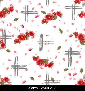Red Aquarell Blumen mit geometrischen Pinselstriche auf weißem Hintergrund. Verlässt. - Abbildung Stockfoto