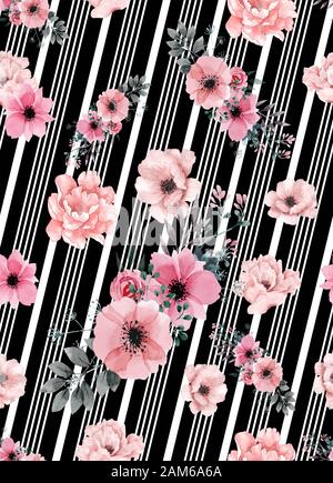 Aquarell rosa Blumen muster mit diagonalen weißen Linien, Streifen, nahtlose floral background. Stockfoto