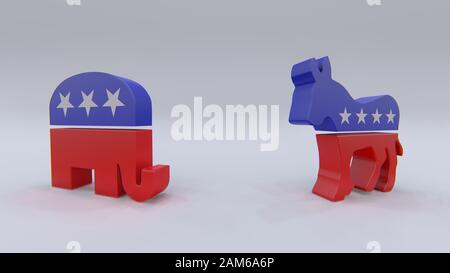 Politische Parteien in den USA Symbole: Demokraten und Repbubolikaner 3D-Rendering Stockfoto