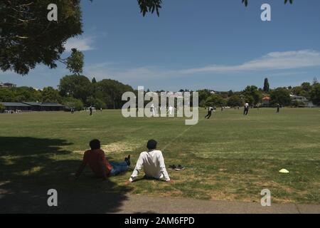 Lokale Cricket-Teams für Herren, die an einem sonnigen Januar-Sommertag in Madills Farm Recreational Reserve, Kohimarma, Auckland, Neuseeland, Spiele spielen. Stockfoto
