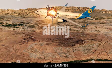 Flugzeugabsturz, iranische Raketen schlagen Ukrainischen Airliner. 01.08.2020. Teheran, Iran. Flug von Teheran Flughafen übernommen und durch eine Rakete zerstört, 3 d Stockfoto